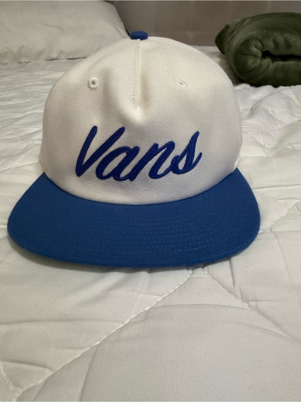 Vans White and Blue Script Logo Snapback Hat